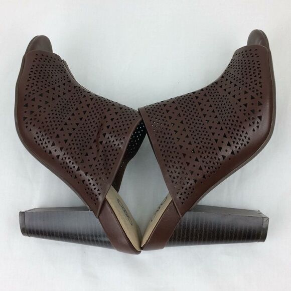 Cato Laser Cut Punch Design Brown Vegan Leather Slip on Heeled Mules - Picture 4 of 8